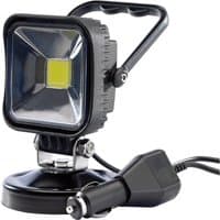 Black Draper 12V COB LED worklight with magnetic base, 10W, 600 lumens, square head, and handle, attached power cord.