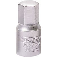 Silver Draper 14MM hexagon drain plug key with 3/8 square drive, engraved with "DDPK9 14mm" on the side.