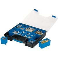 Black and blue Draper 15 Compartment Organiser with clear lid, filled with assorted screws and fasteners.