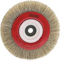 Draper 150MM crimped steel wire wheel with red center hub and dense silver bristles for grinding and polishing.