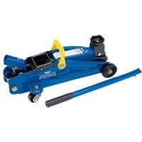 Blue Draper 2 Tonne Light Duty Trolley Jack with yellow handle and black lifting pad, featuring four wheels.