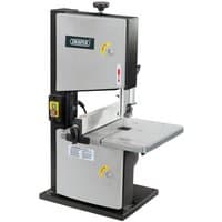 Draper two-wheel bandsaw with a silver and black body, 200mm blade, and adjustable cutting table.
