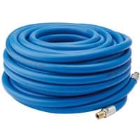 Blue Draper 20M air line hose with 1/4" BSP fitting and 10MM bore, coiled with metal connectors at each end.