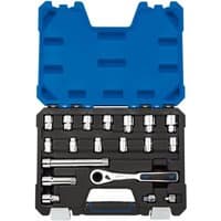 Draper 20mm 'Go Through' Socket Set, 19 pieces in a blue and black case with ratchet and various sockets.