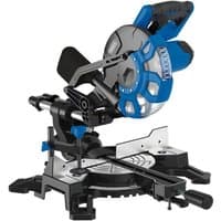 Blue and silver Draper sliding compound mitre saw with laser guide, black base, and ergonomic handle.