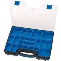 Blue and black Draper 22 Compartment Organiser with clear lid and handle, featuring adjustable dividers.
