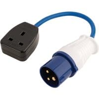 Blue and white Draper adaptor lead with 16A plug and black 13A socket, connected by a short blue cable.