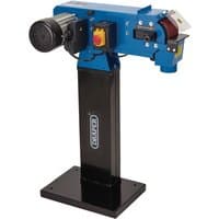 Blue Draper belt linisher with black motor, red stop button, and sturdy black stand.