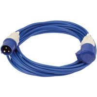 Blue Draper 230V extension cable, 14m length, 1.5mm thickness, with 16A connectors on both ends.