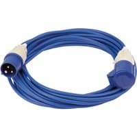 Blue Draper 230V extension cable, 14m length, 2.5mm thickness, 16A, with white connectors on both ends.