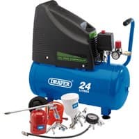 Blue Draper 230V oil-free compressor with black top, red pressure gauge, and assorted air tools including spray gun.