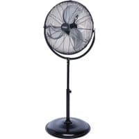 Black Draper pedestal fan, 20-inch, with circular mesh grill, adjustable height, and sturdy round base.