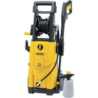 Yellow Draper pressure washer, 2,200W, 165Bar, with black hose reel and detergent bottle attachment.
