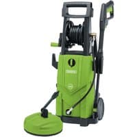 Green Draper pressure washer, 2200W, 165Bar, with hose reel, wheels, and detachable spray nozzle.