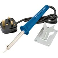 Blue Draper 230V soldering iron, 30W, with pointed metal tip, black power cord, UK plug, and metal stand.