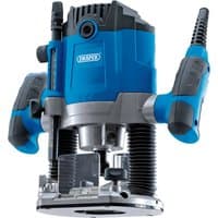 Blue and gray Draper variable speed router, 1/2 inch, 1800W, with ergonomic handles and adjustable depth gauge.