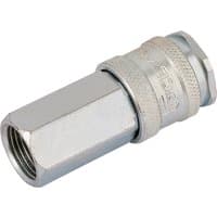 Silver Draper 3/8" BSP parallel Euro coupling with female thread, hexagonal body, and knurled grip.