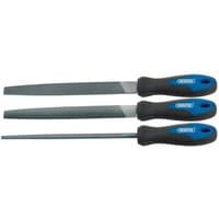 Draper 3-piece file set with blue and black soft grip handles, includes flat, half-round, and round files.