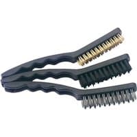 Three 230mm Draper brushes with black handles; brass, nylon, and steel bristles.