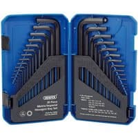 Blue Draper 30-piece hex key set with metric and imperial sizes in a plastic case with labeled slots.