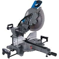 Draper 305mm sliding compound mitre saw with double bevel, silver and blue accents, and black handle.