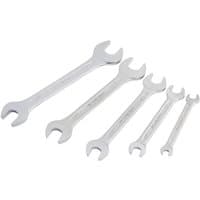 Draper 5 Piece AF Open End Spanner Set, silver, varying sizes, double-ended wrenches with engraved measurements.