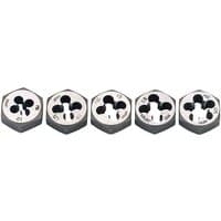 Draper 5 piece metric hexagon die nut set, silver and black with engraved size markings.