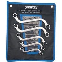 Draper 5 Piece S Type Ring Spanner Set with curved silver wrenches in a blue and black fabric pouch.