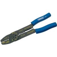 Draper 5 Way Crimping Tool, 240mm, black with blue handles, multiple crimping slots and wire cutter.