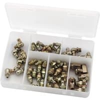 Draper 50 Assorted BSPT Grease Nipples in a white plastic compartmentalized box, various brass fittings.