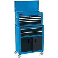 Blue Draper 6 drawer roller cabinet and tool chest with black handles, lockable compartments, and swivel casters.