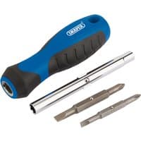 Blue and black Draper 6-in-1 multi-tip screwdriver set with interchangeable metal bits and ergonomic handle.