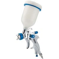 Silver Draper HVLP air spray gun with white 600ml gravity feed cup and blue accents.