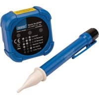 Blue Draper 600V socket and voltage testers with black control panel and white probe tip.