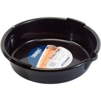 Black round Draper 6L drip tray with a smooth rim and central label displaying product details.