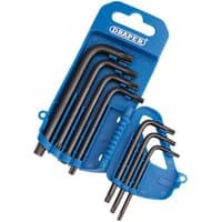 Blue Draper 7 Piece Tx-Star Key Set with black L-shaped keys in various sizes.