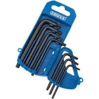 Draper 7 piece black Tx-Star security key set with blue plastic holder, featuring L-shaped keys in various sizes.