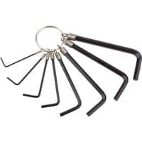 Black Draper 8 Piece Metric Hexagon Key Set on a metal ring, featuring L-shaped keys in varying sizes.