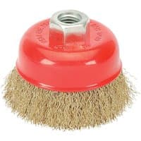 Red Draper 80MM M14 crimped wire cup brush with brass bristles and hexagonal nut on top.