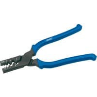 Blue-handled Draper 9 Way crimping plier with black metal jaws for ferrule cable wire, 190mm length.