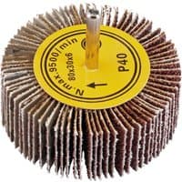 Draper abrasive flap wheel, 80x30mm, 40 grit, with brown sandpaper flaps and yellow center disc.