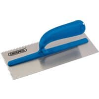 Draper Adhesive Spreading Trowel, 265mm, with blue ergonomic handle and serrated stainless steel blade.