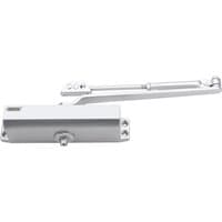 Silver Draper adjustable automatic door closer with cylindrical body and extending arm for 40kg-65kg doors