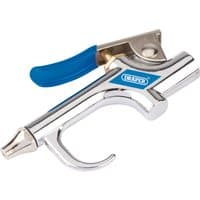 Silver Draper air blow gun with blue handle and two interchangeable nozzles.