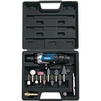 Draper air die grinder kit with blue and silver grinder, various grinding stones, and accessories in a black case.