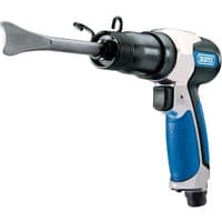 Blue and silver Draper air hammer with black grip, featuring a chisel attachment and compact design.