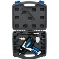 Draper air impact wrench kit with black and blue wrench, sockets, and accessories in a black carrying case.