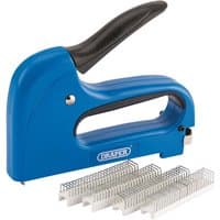 Blue Draper wiring/cable tacker with black handle, includes silver staples in white holders.