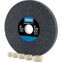 Draper grey bench grinding wheel, 200x25mm, 36 grit, with blue label and multiple beige bushings.