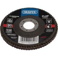 Draper Aluminium Oxide Flap Disc, 115mm, 40 Grit, black center with red and blue label, serrated edges.